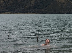 Amy Goes for a Dip in Lake Hawea at Lunch on the Ride from Boundary Hut to Dingleburn Station