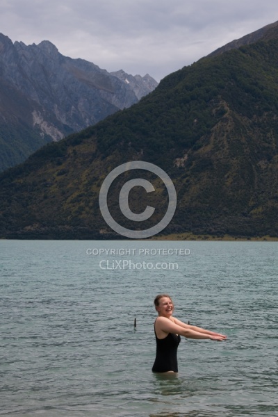 Amy Goes for a Dip in Lake Hawea at Lunch on the Ride from Boundary Hut to Dingleburn Station